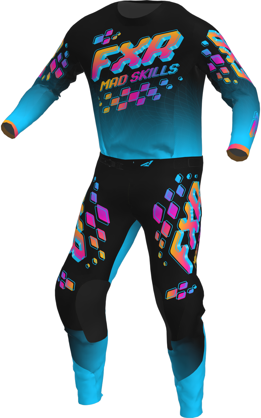 A 3D image of FXR's Podium MX Jersey and Pant in Mad Skills colorway