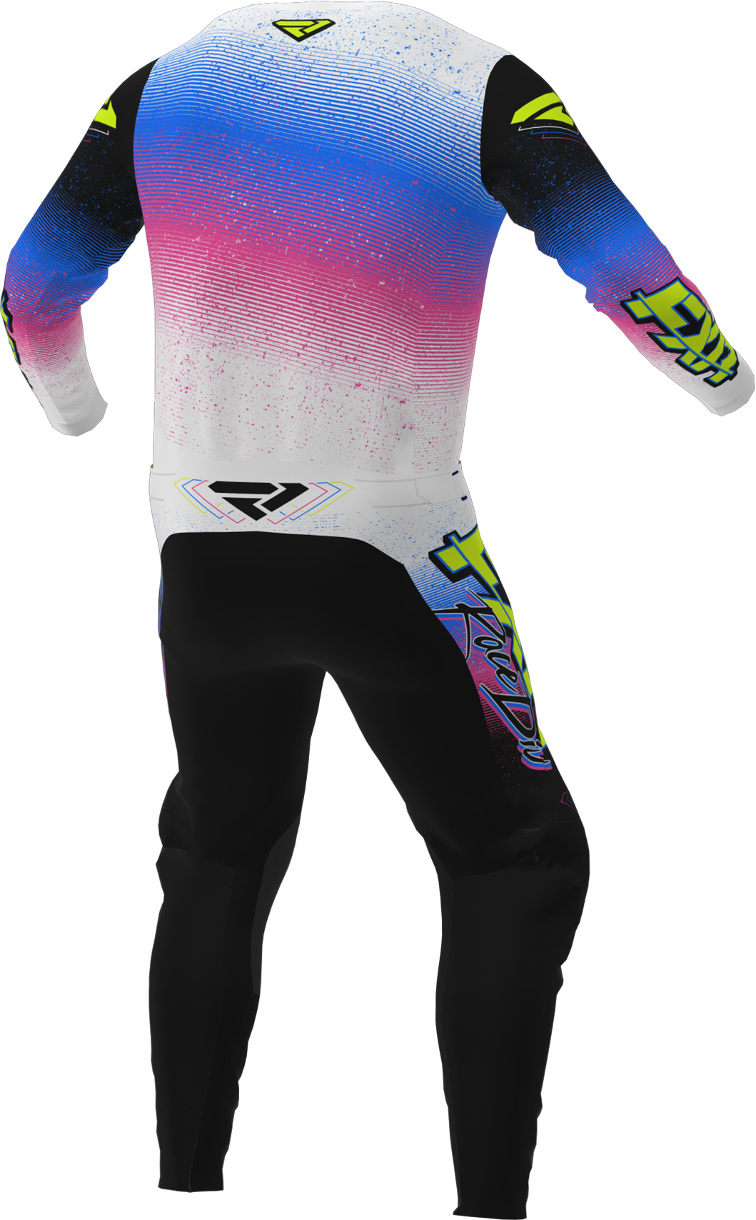 A 3D image of FXR's Podium MX Jersey and Pant in Retro colorway