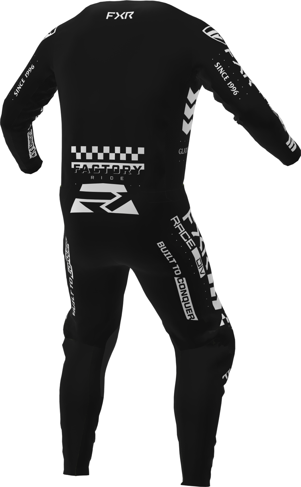 A 3D image of FXR's Podium Gladiator MX Jersey and Pant in Black colorway