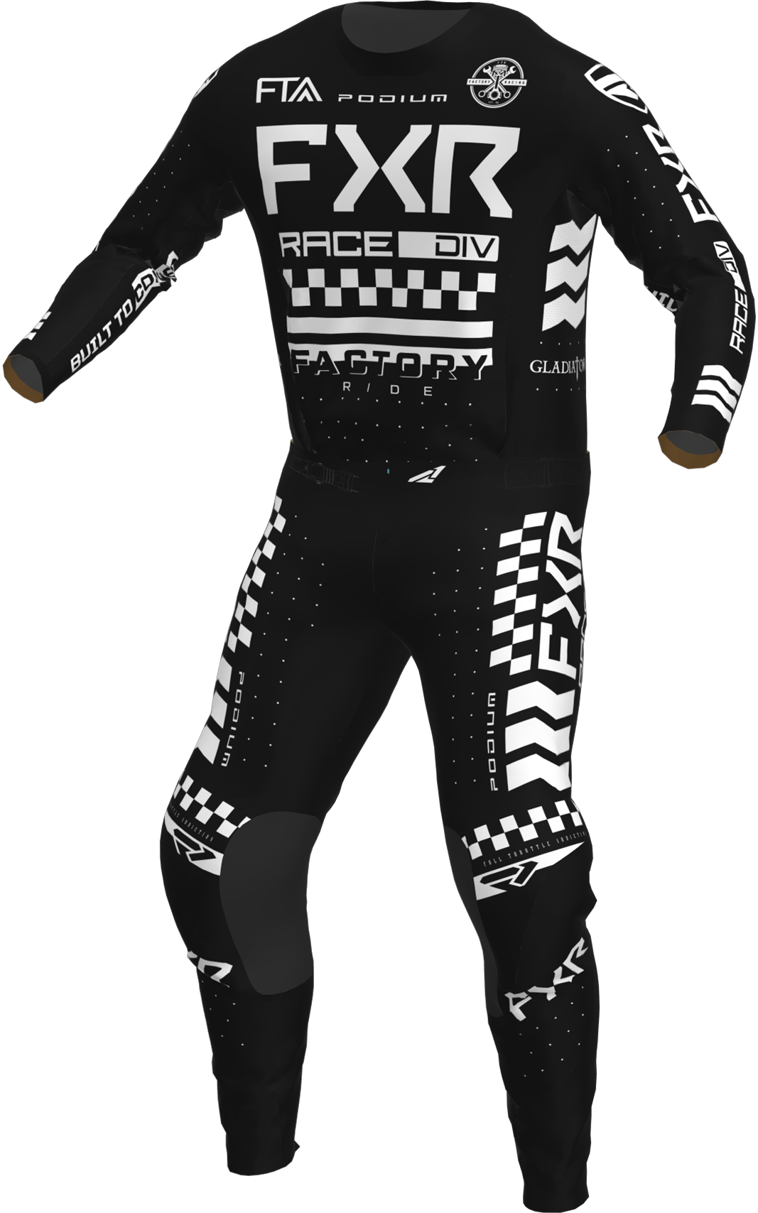 A 3D image of FXR's Podium Gladiator MX Jersey and Pant in Black colorway