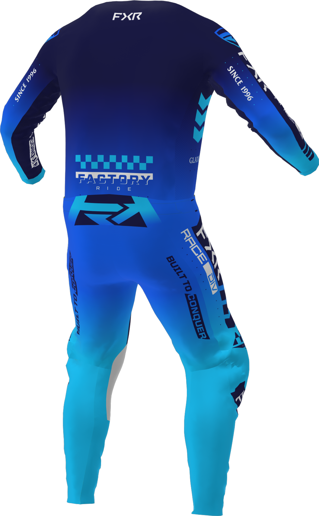 A 3D image of FXR's Podium Gladiator MX Jersey and Pant in Blue colorway