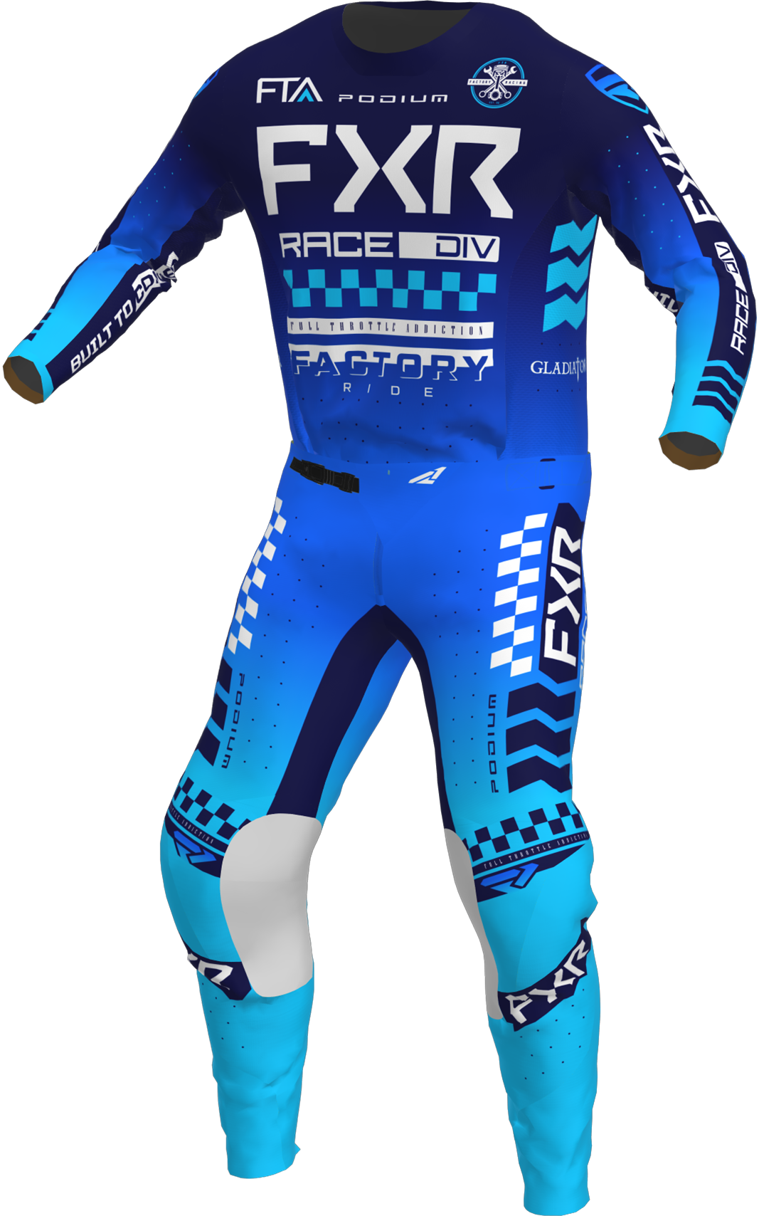 A 3D image of FXR's Podium Gladiator MX Jersey and Pant in Blue colorway