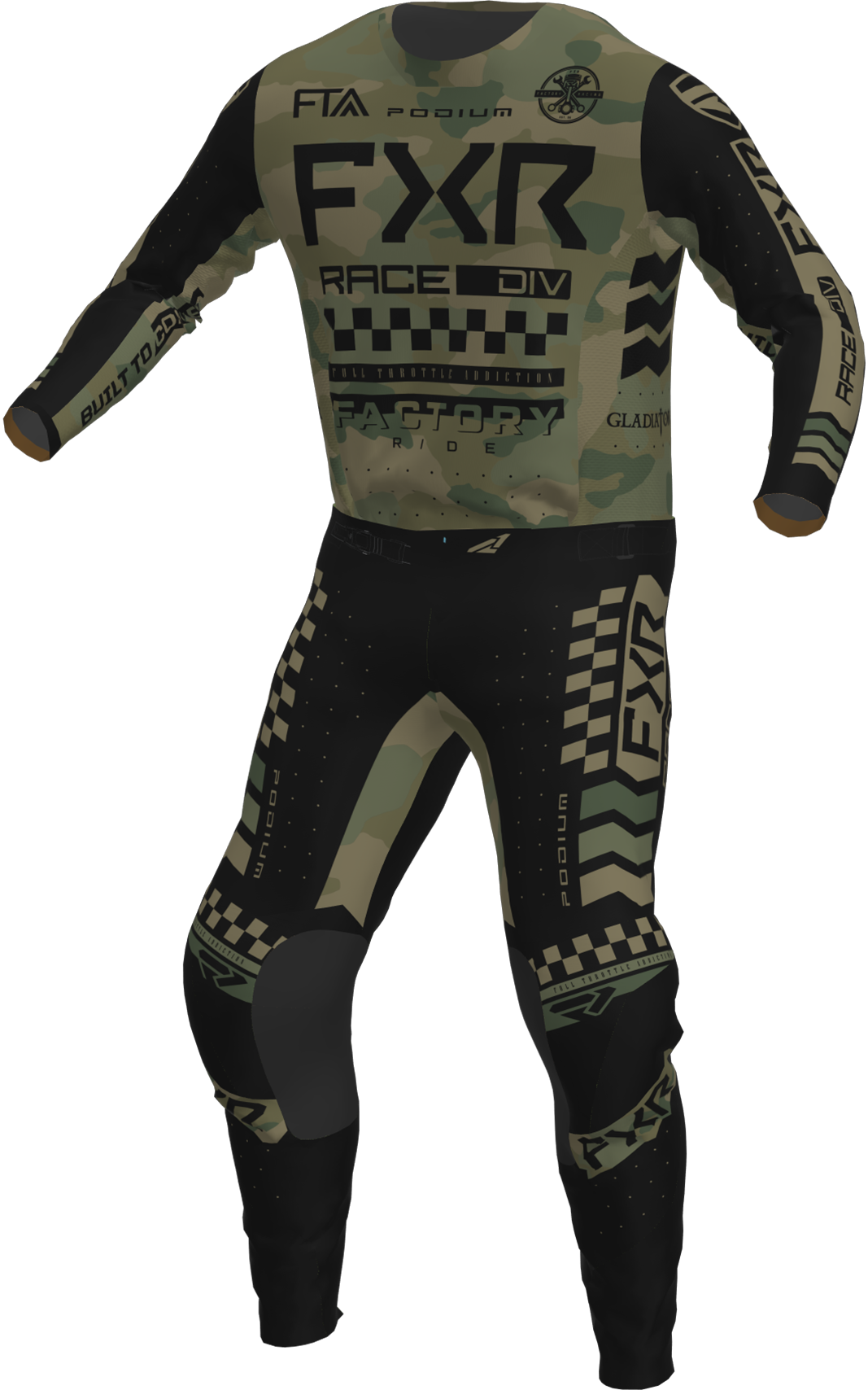 A 3D image of FXR's Podium Gladiator MX Jersey and Pant in Camo colorway