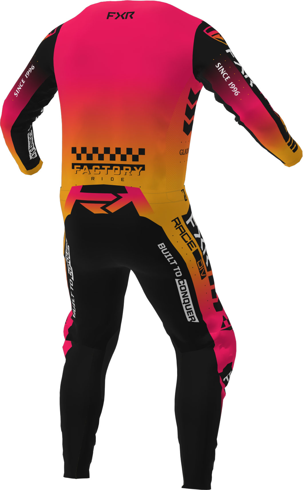 A 3D image of FXR's Podium Gladiator MX Jersey and Pant in Mango colorway