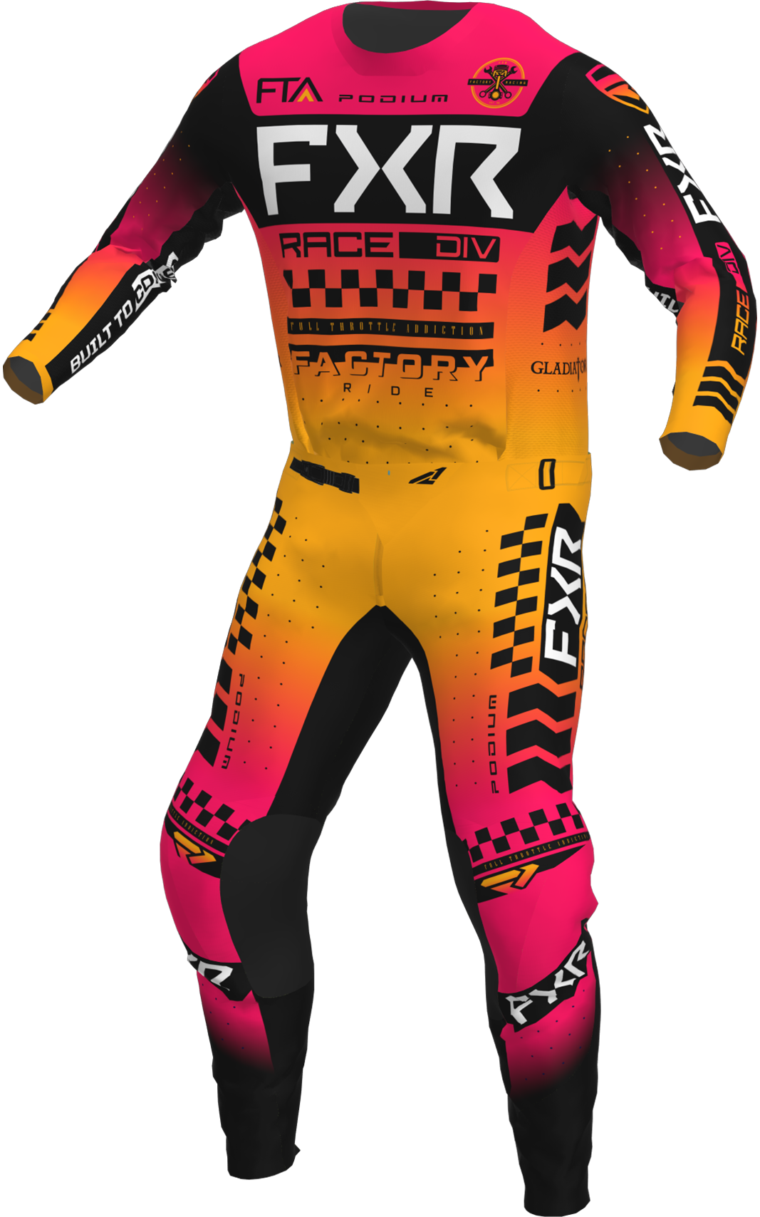 A 3D image of FXR's Podium Gladiator MX Jersey and Pant in Mango colorway