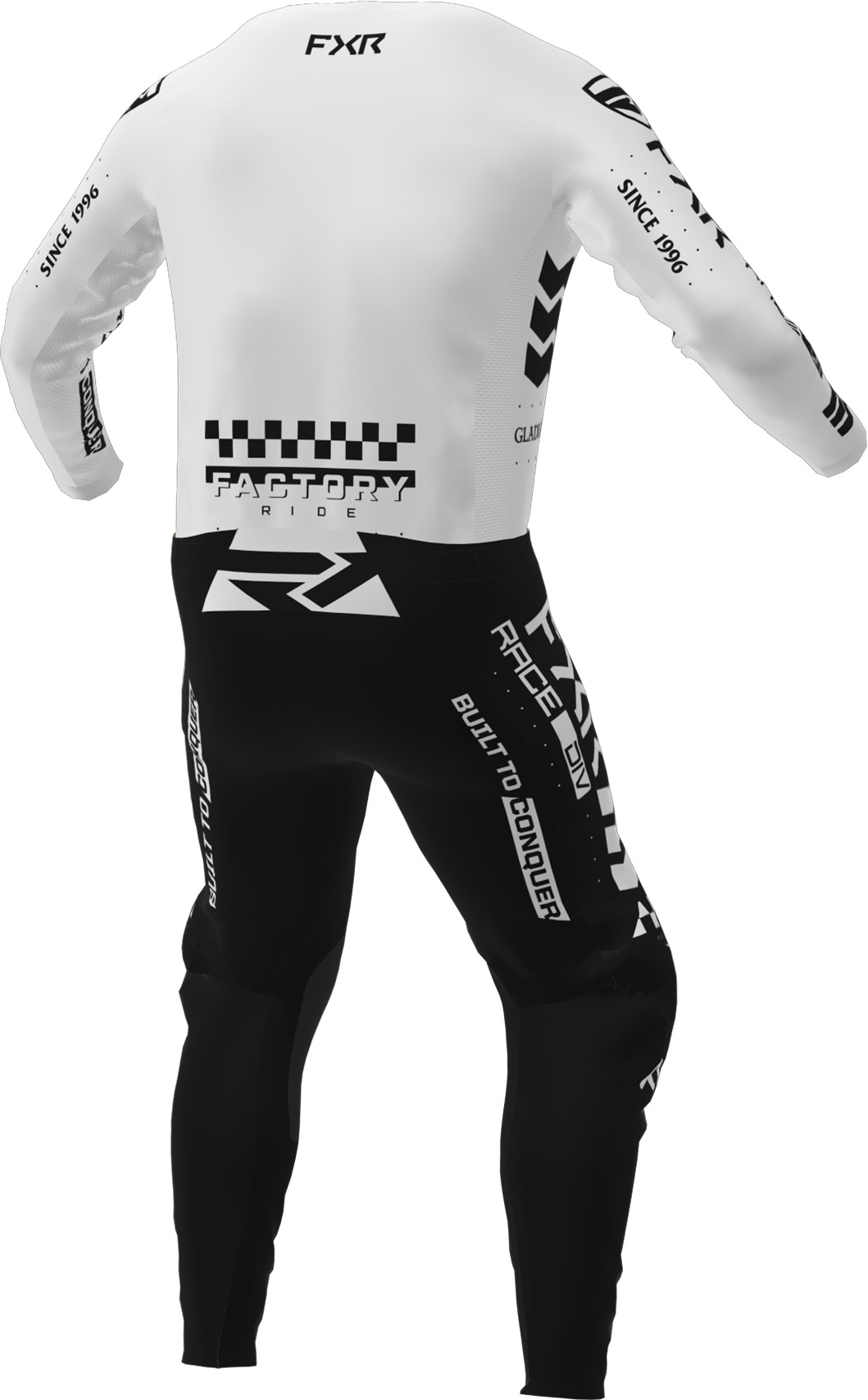 A 3D image of FXR's Podium Gladiator MX Jersey and Pant in White colorway