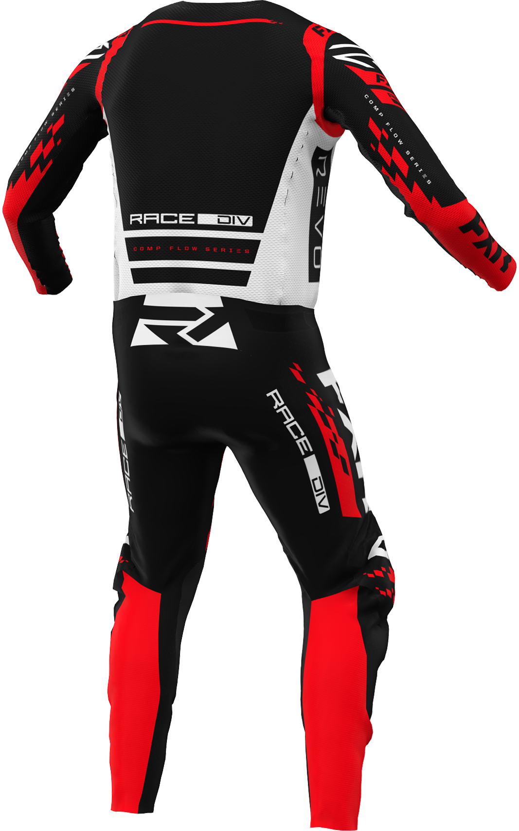 A 3D image of FXR's Revo Comp MX Jersey and Pant in Cherry Bomb colorway