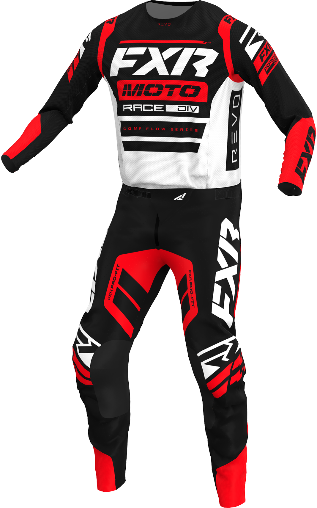 A 3D image of FXR's Revo Comp MX Jersey and Pant in Cherry Bomb colorway