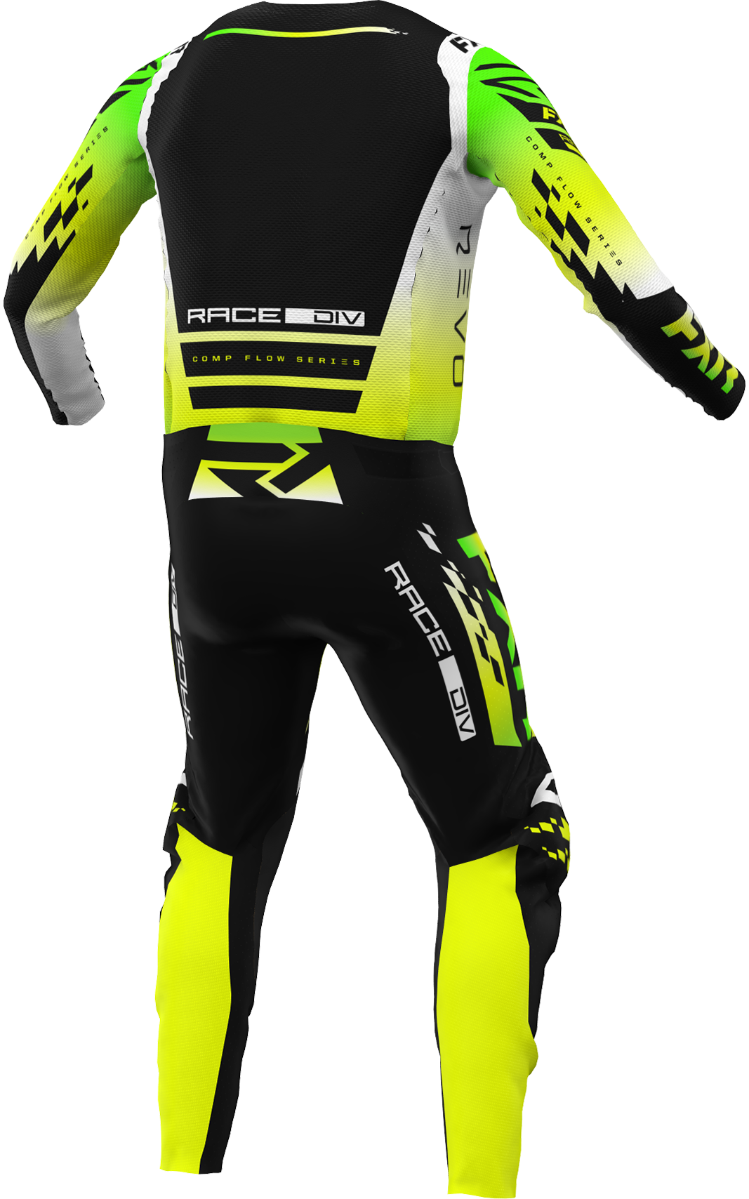 A 3D image of FXR's Revo Comp MX Jersey and Pant in Glowstick colorway
