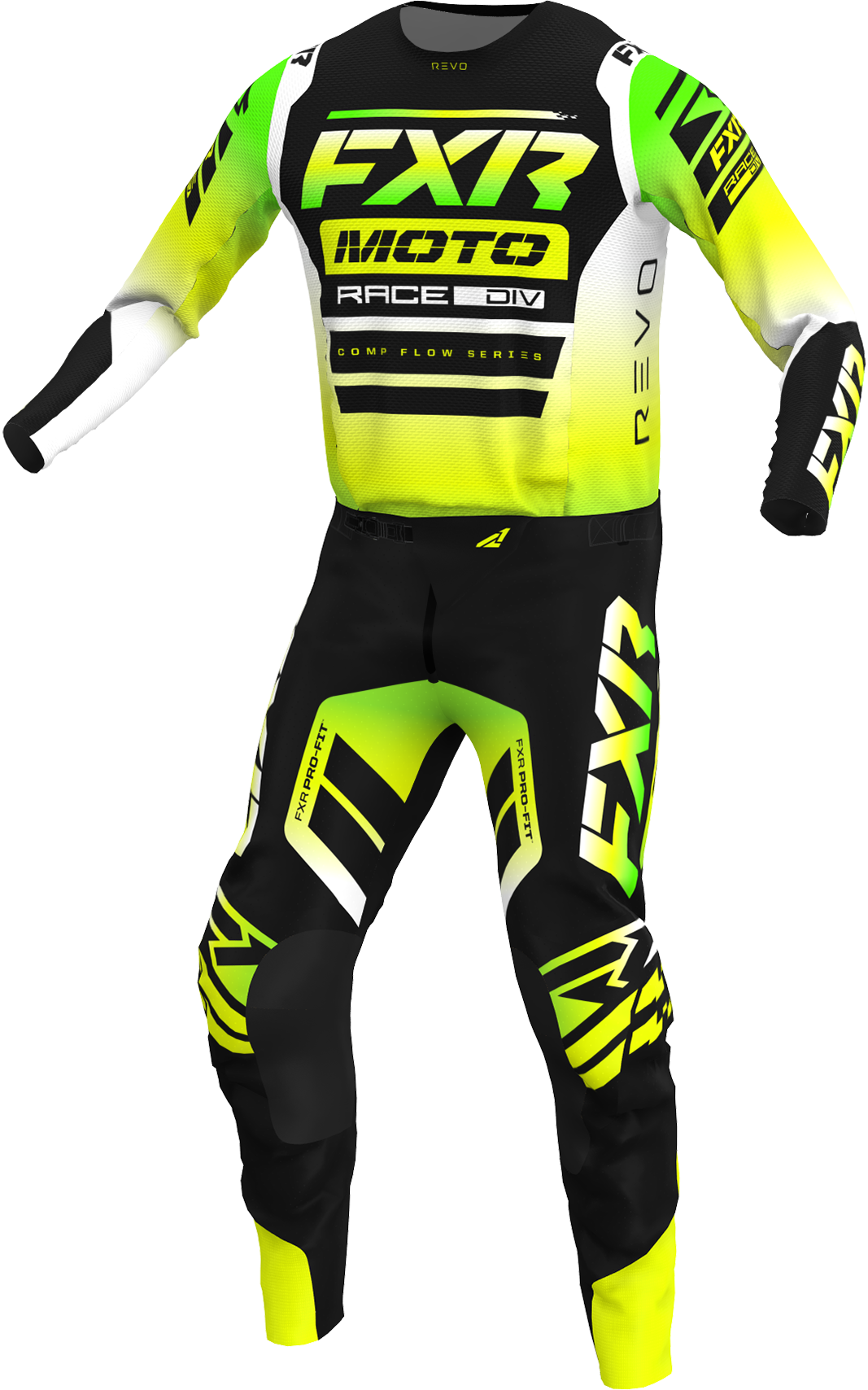 A 3D image of FXR's Revo Comp MX Jersey and Pant in Glowstick colorway