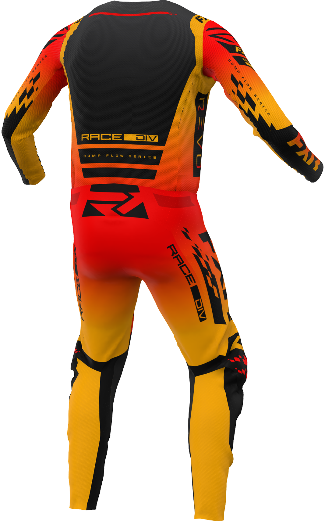 A 3D image of FXR's Revo Comp MX Jersey and Pant in Tequila Sunrise colorway