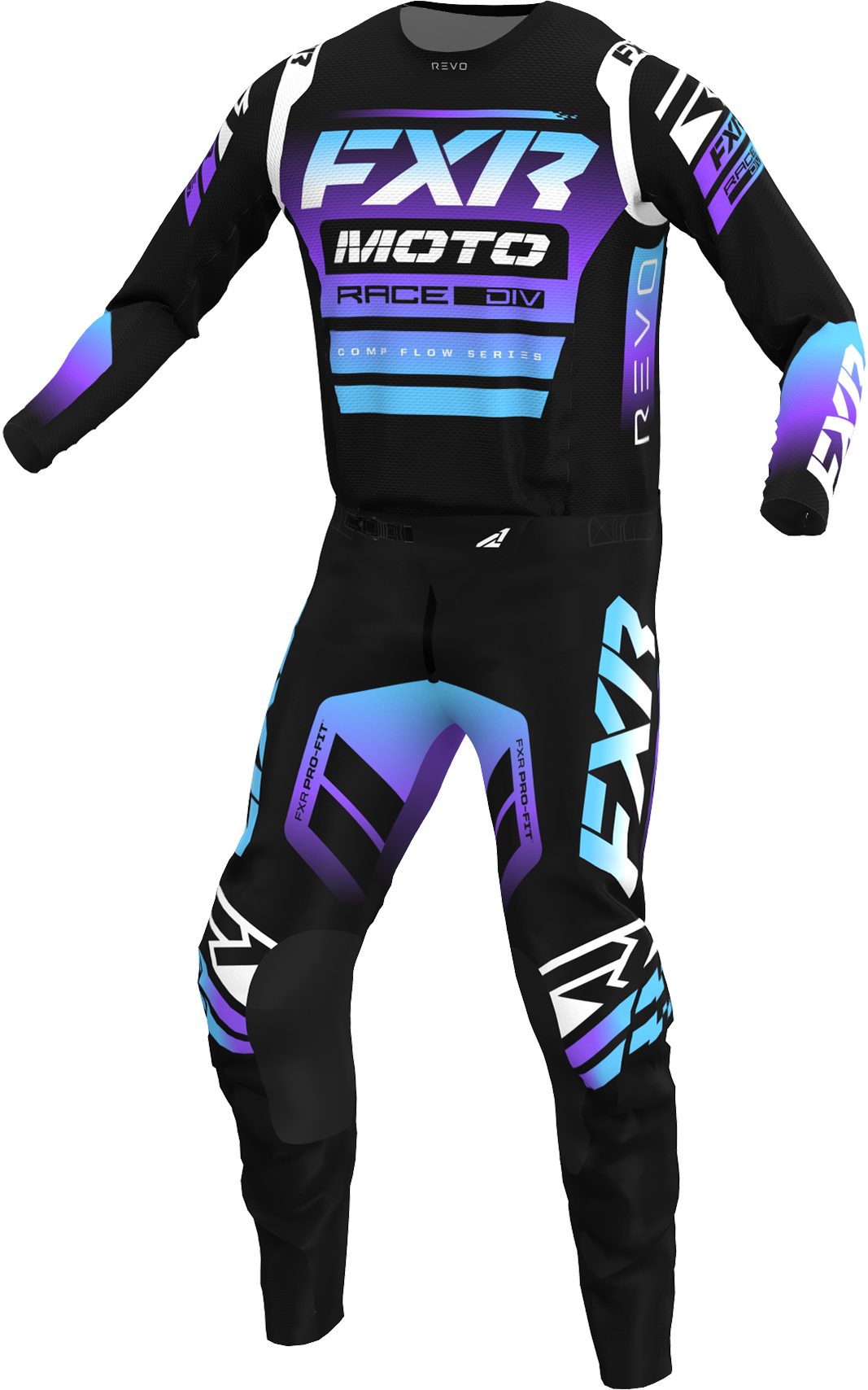 A 3D image of FXR's Revo Comp MX Jersey and Pant in XLT colorway