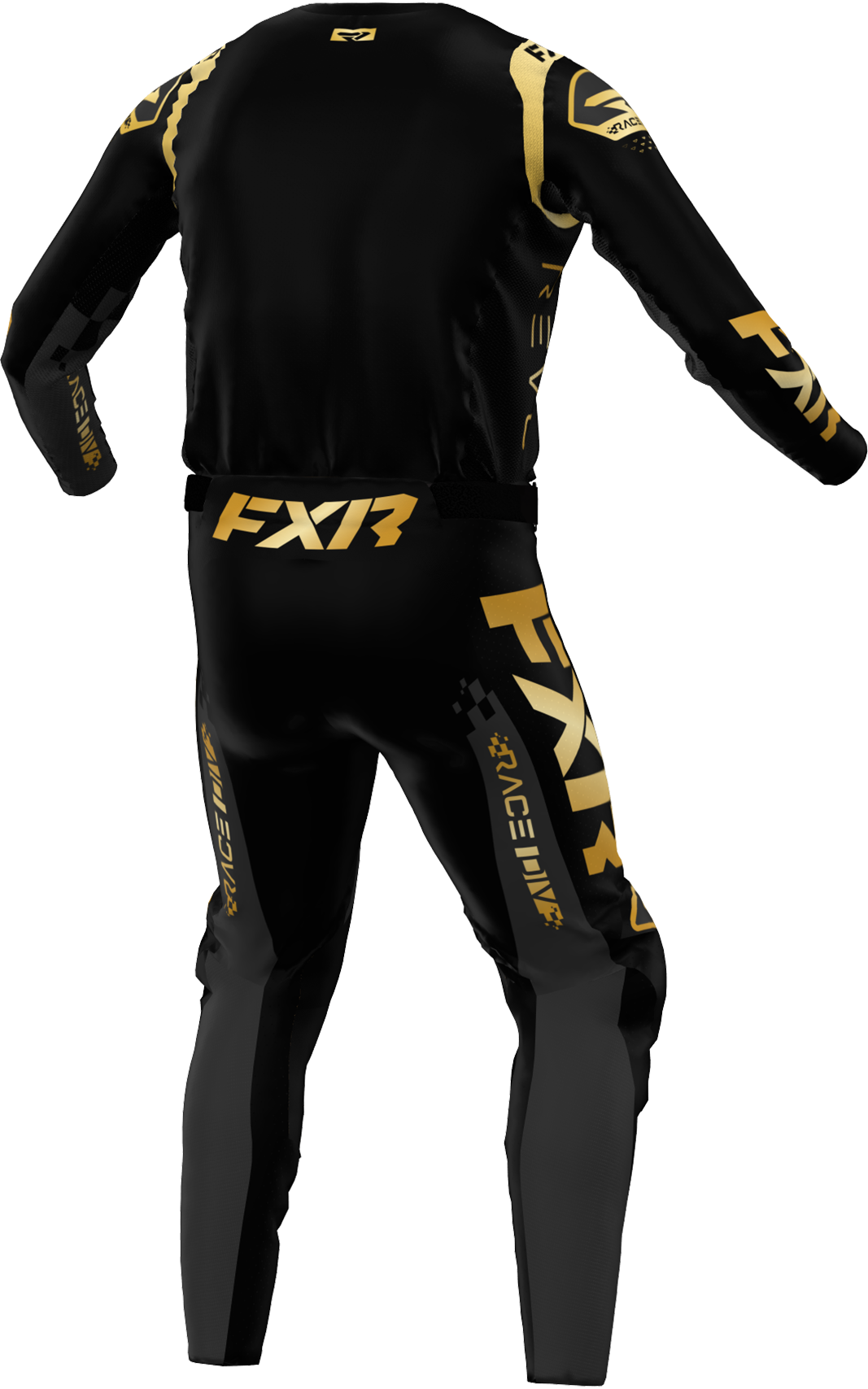 A 3D image of FXR's Revo Legend MX Jersey and Pant in Black/Gold colorway