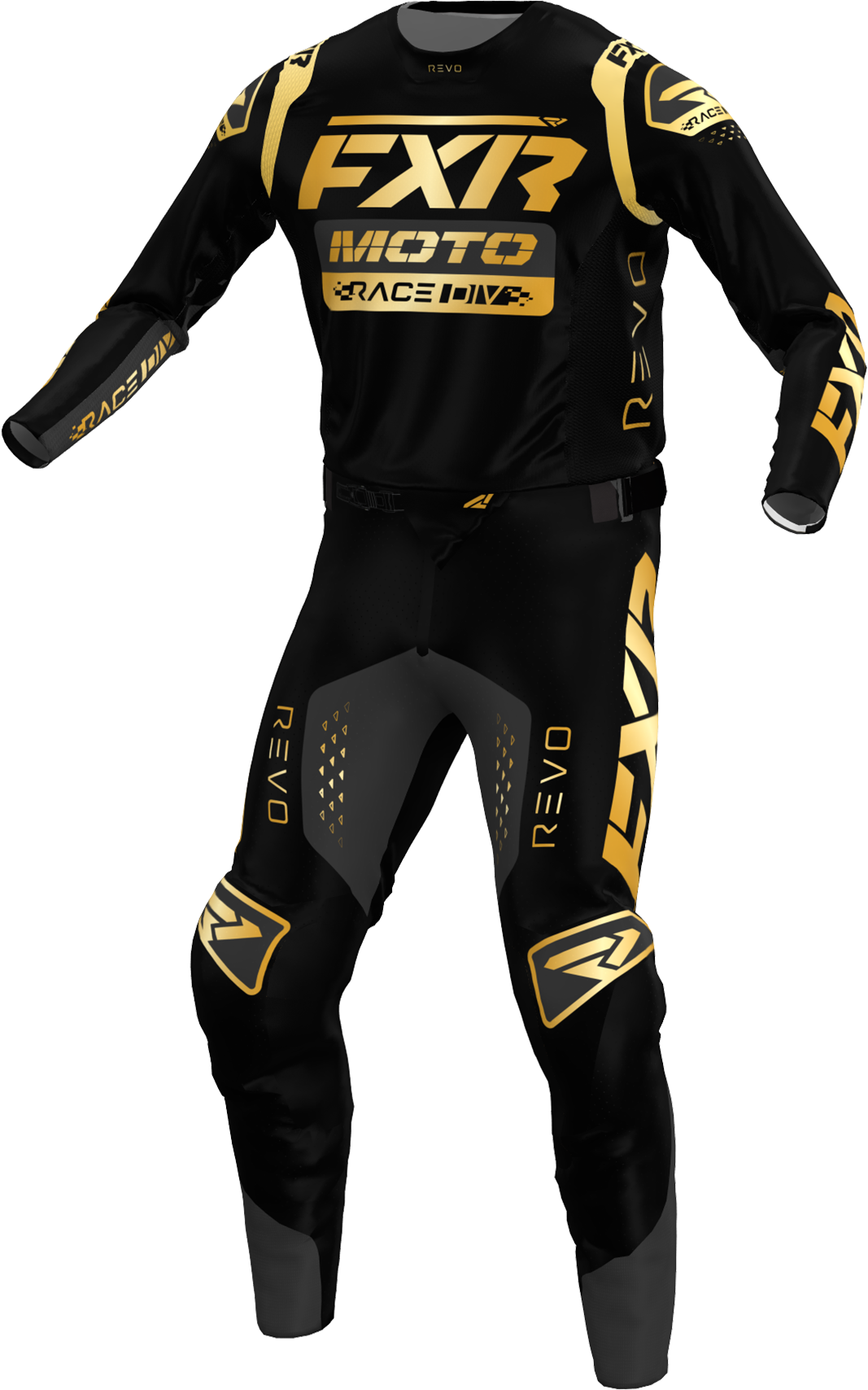 A 3D image of FXR's Revo Legend MX Jersey and Pant in Black/Gold colorway