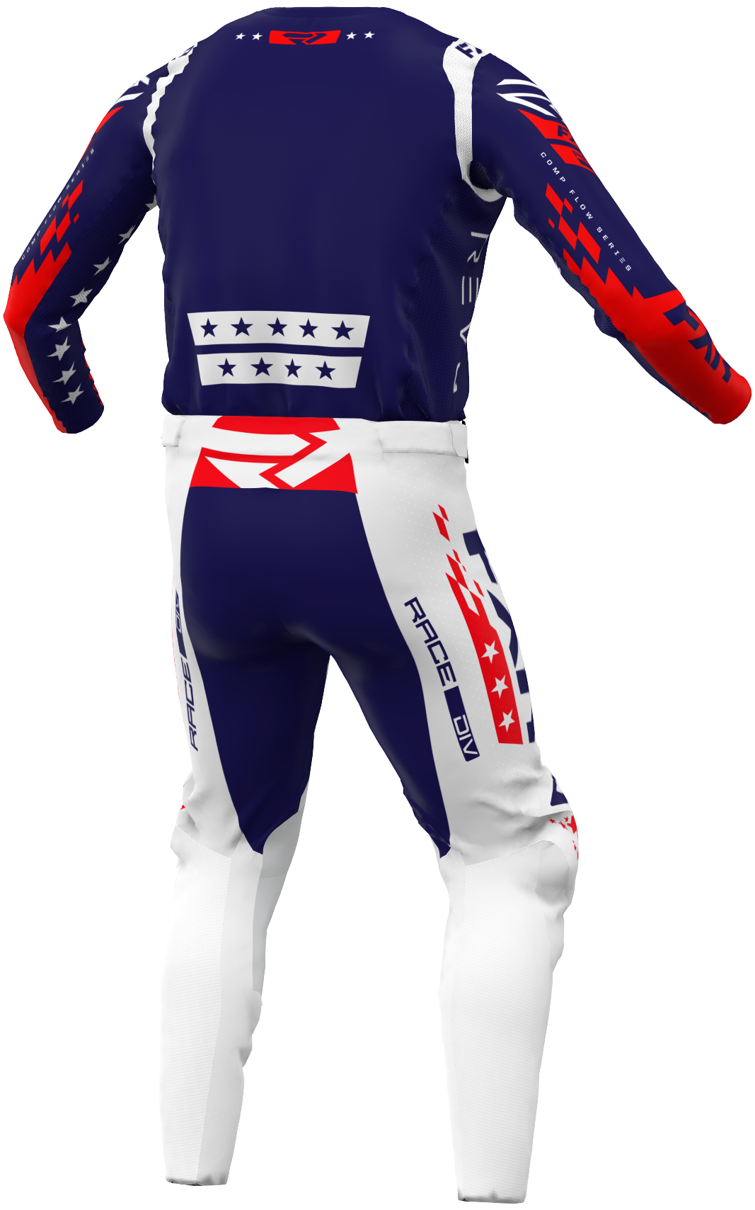 A 3D image of FXR's RevoFreedom MX Jersey and Pant in Navy/Red/White colorway