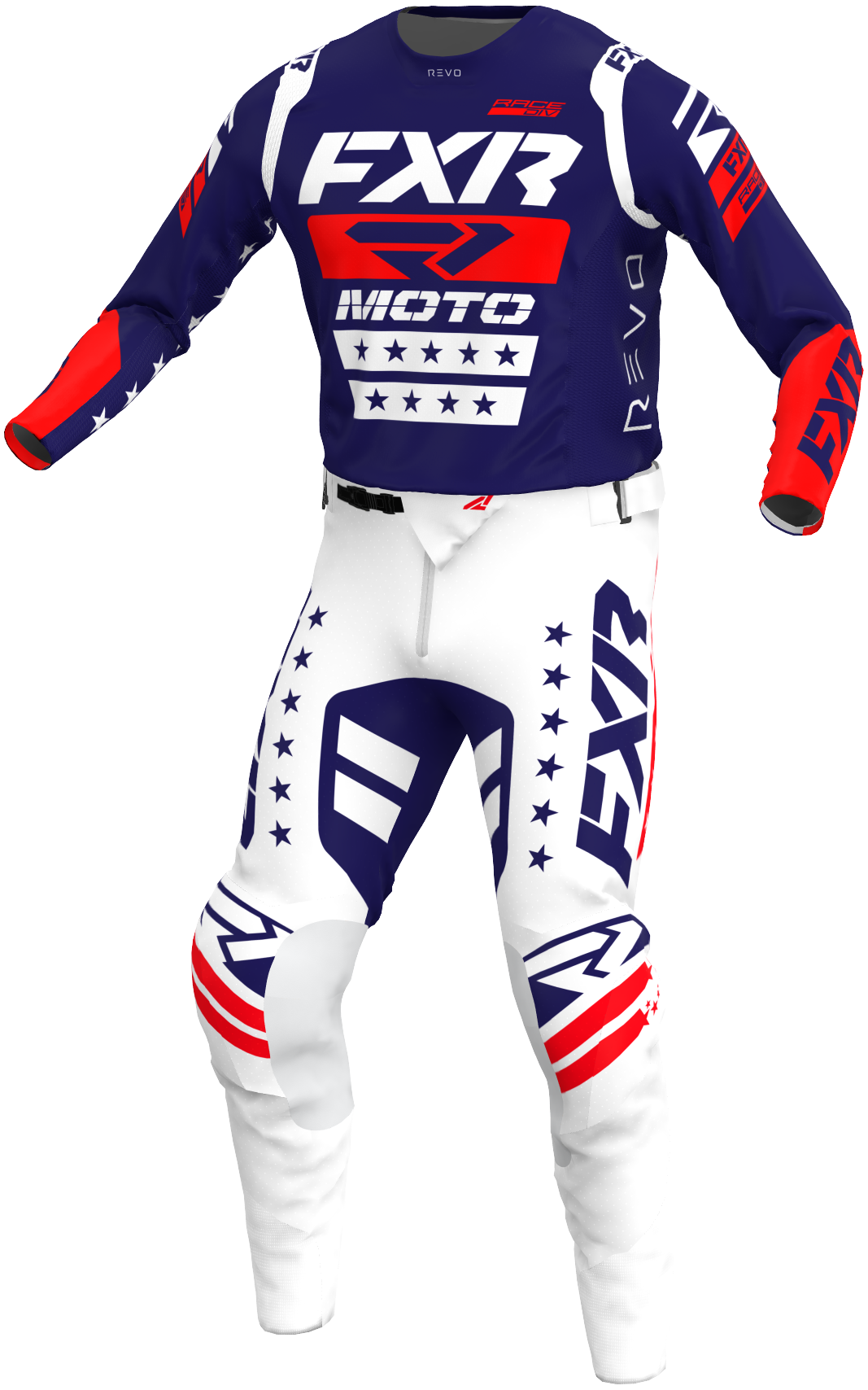 A 3D image of FXR's RevoFreedom MX Jersey and Pant in Navy/Red/White colorway
