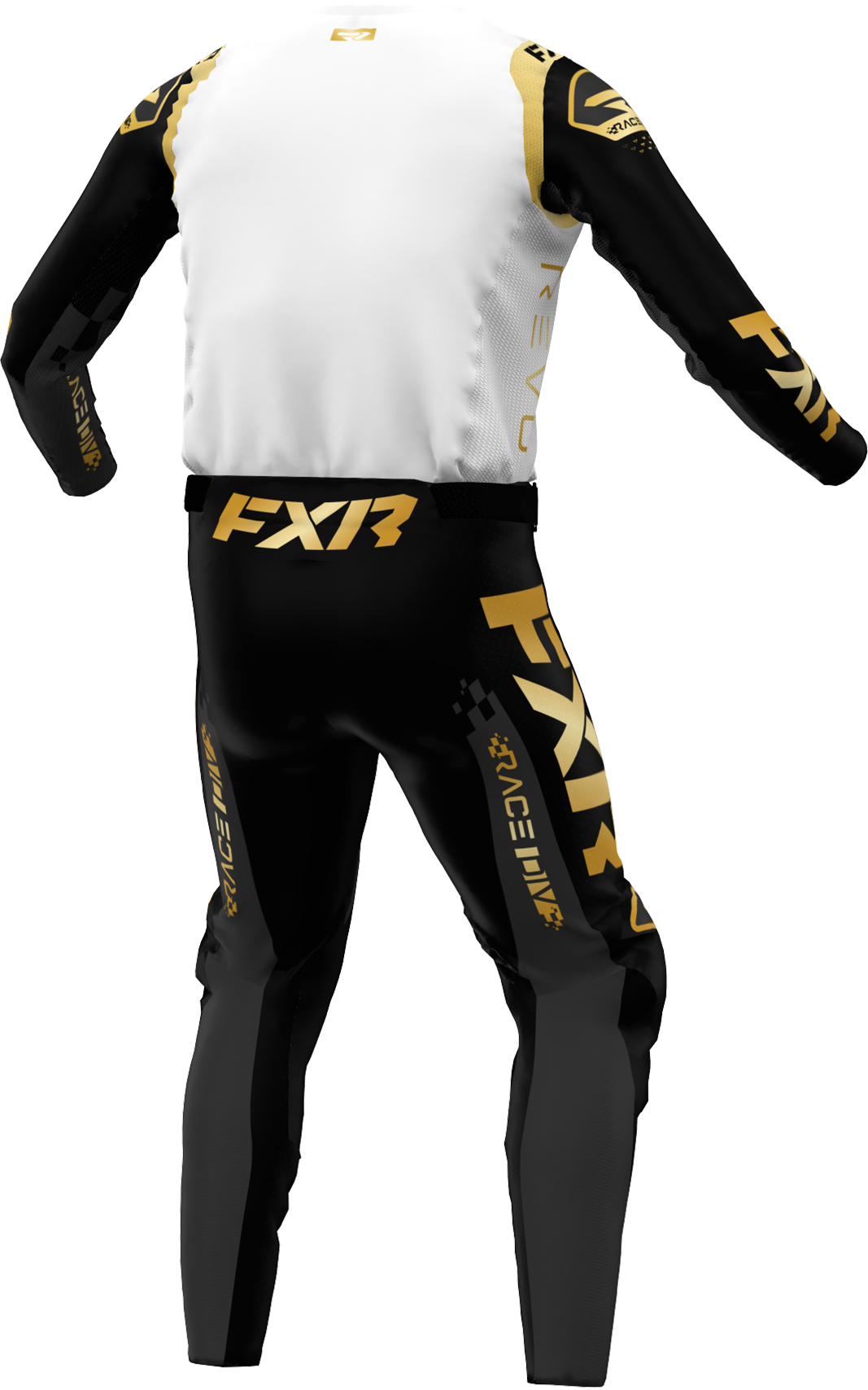 A 3D image of FXR's Revo Legend MX Jersey and Pant in Pro Gold colorway