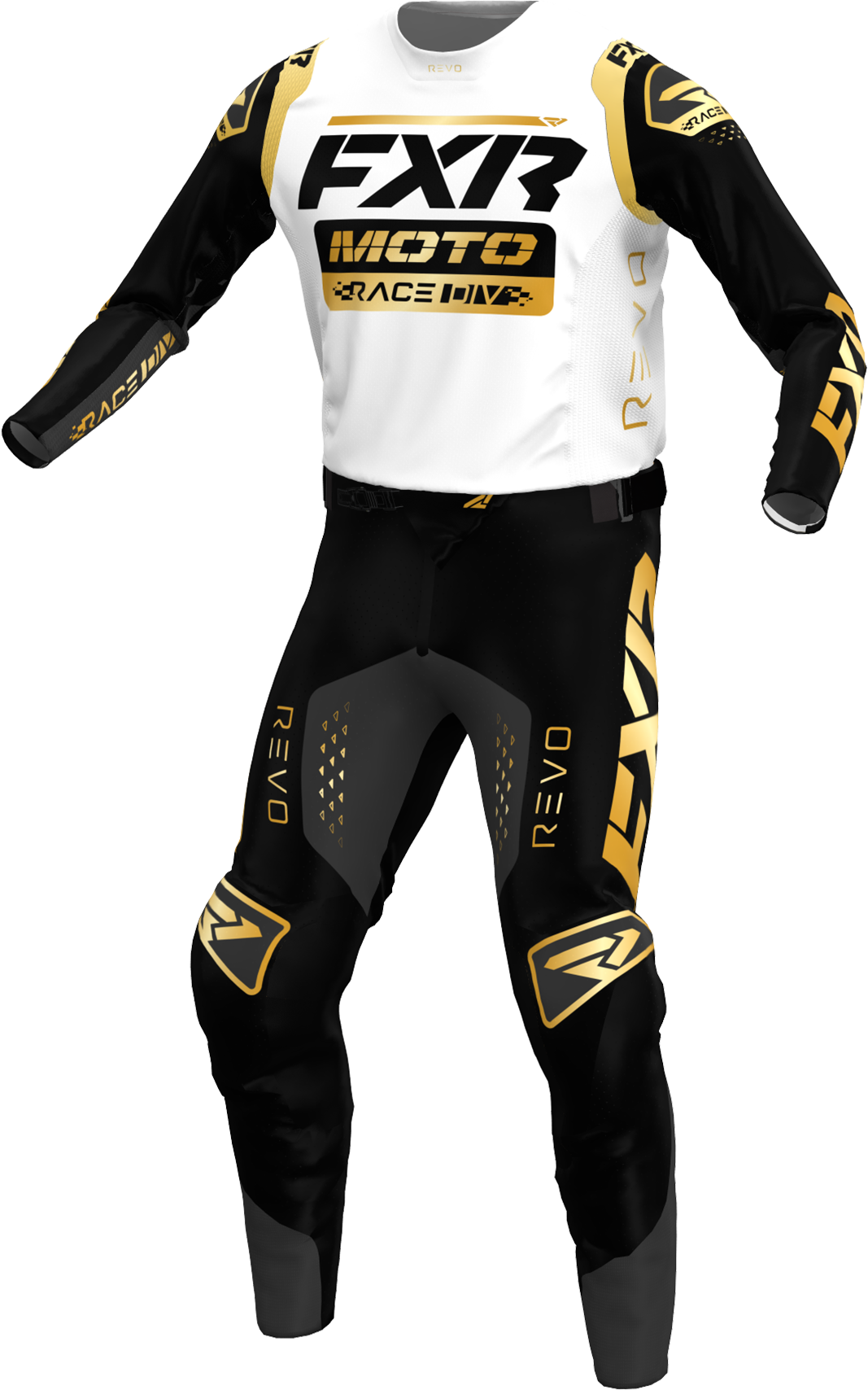 A 3D image of FXR's Revo Legend MX Jersey and Pant in Pro Gold colorway