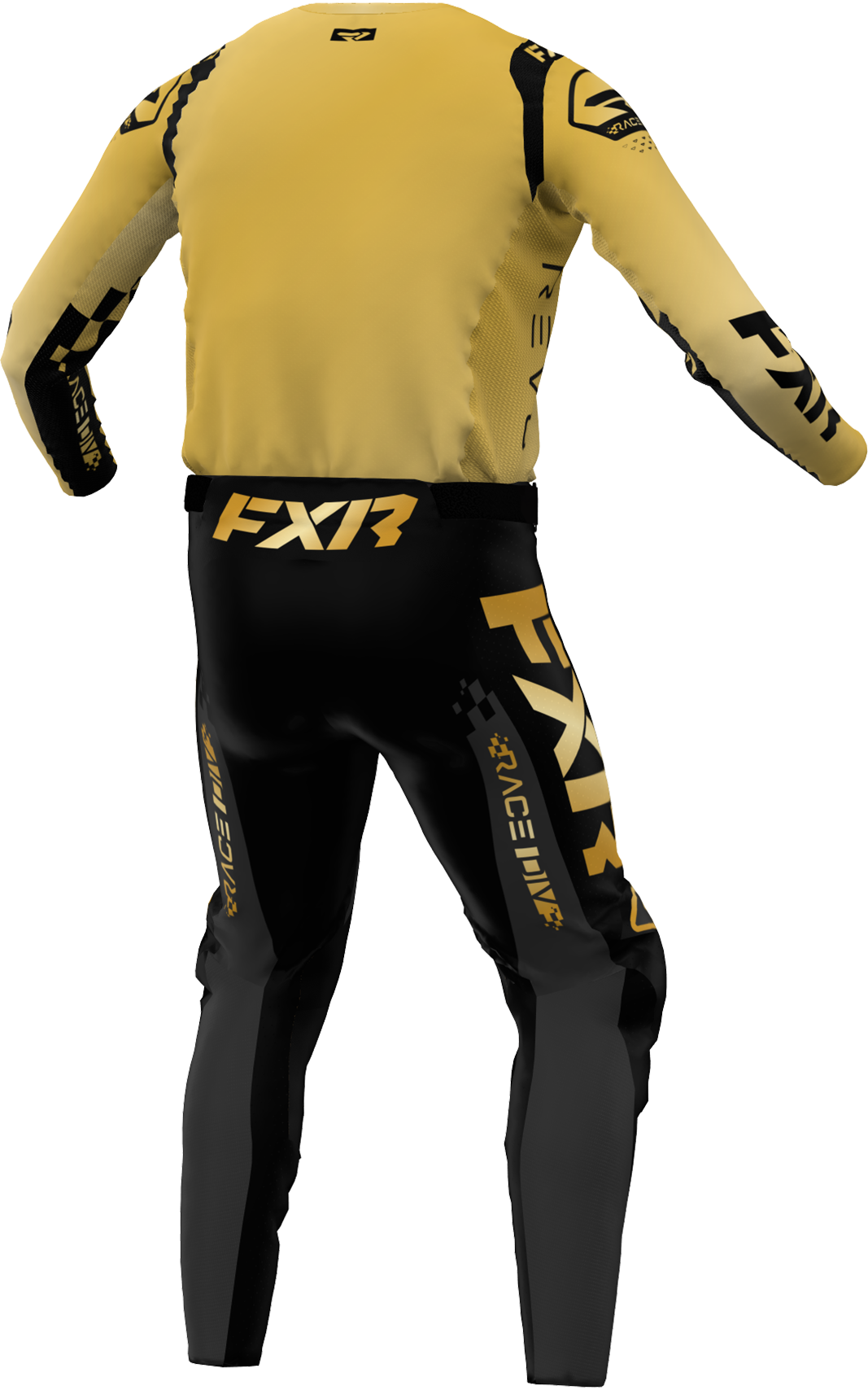 A 3D image of FXR's Revo Legend MX Jersey and Pant in Solid Gold colorway