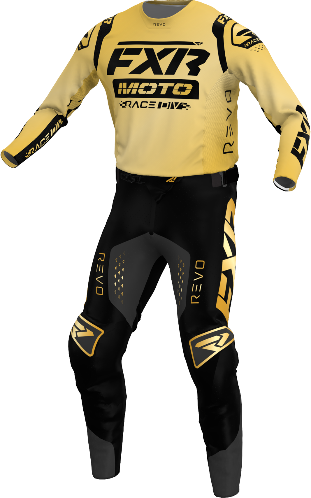 A 3D image of FXR's Revo Legend MX Jersey and Pant in Solid Gold colorway