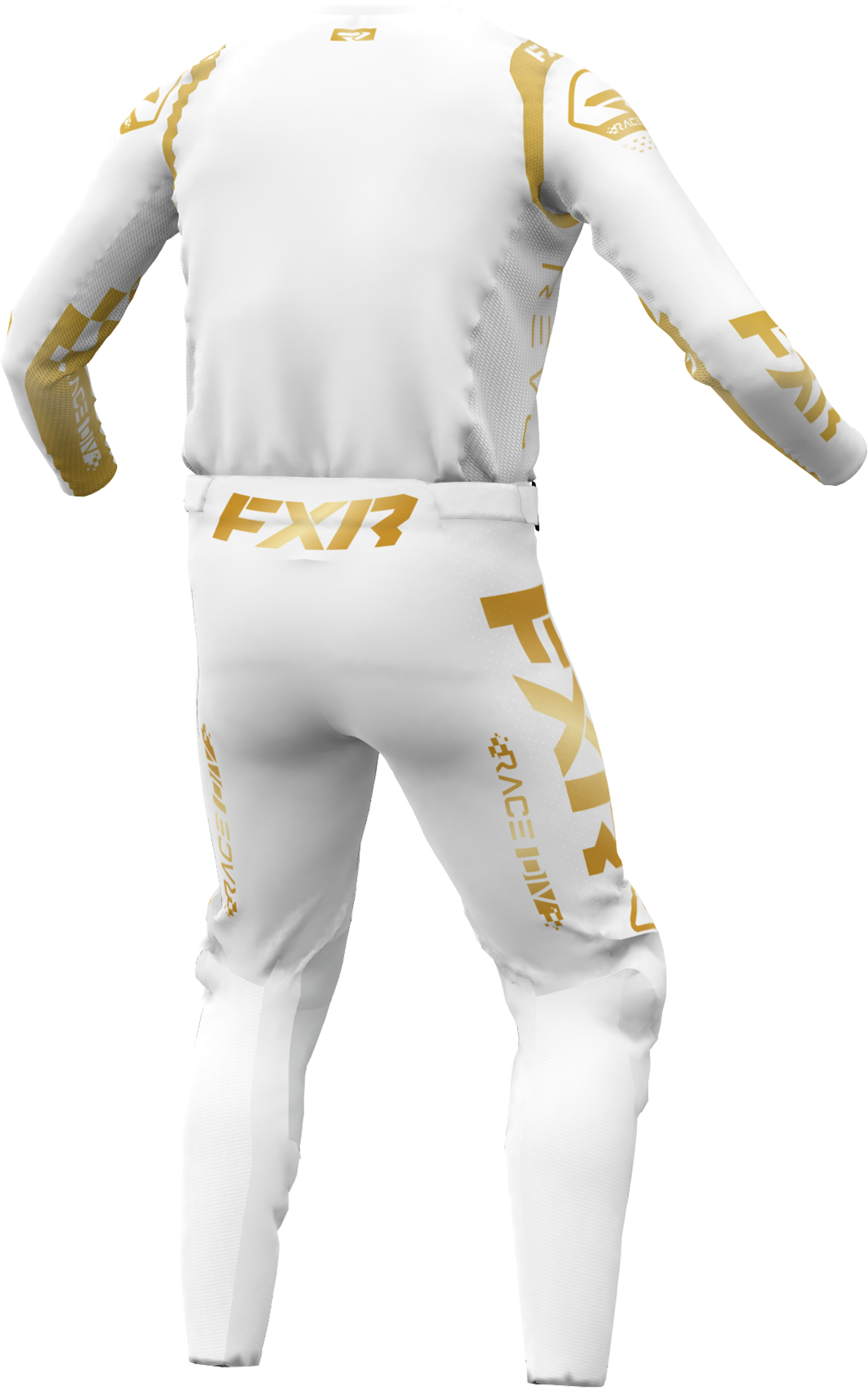 A 3D image of FXR's Revo Legend MX Jersey and Pant in White/Gold colorway