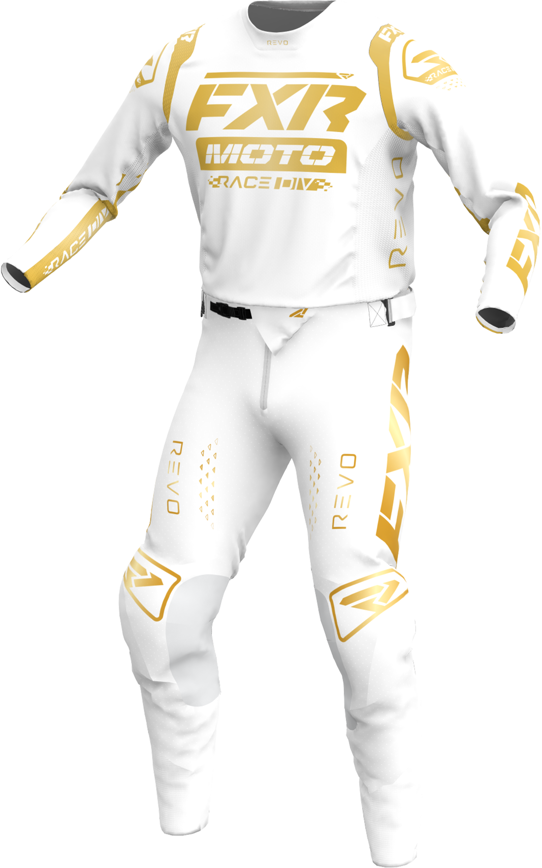 A 3D image of FXR's Revo Legend MX Jersey and Pant in White/Gold colorway