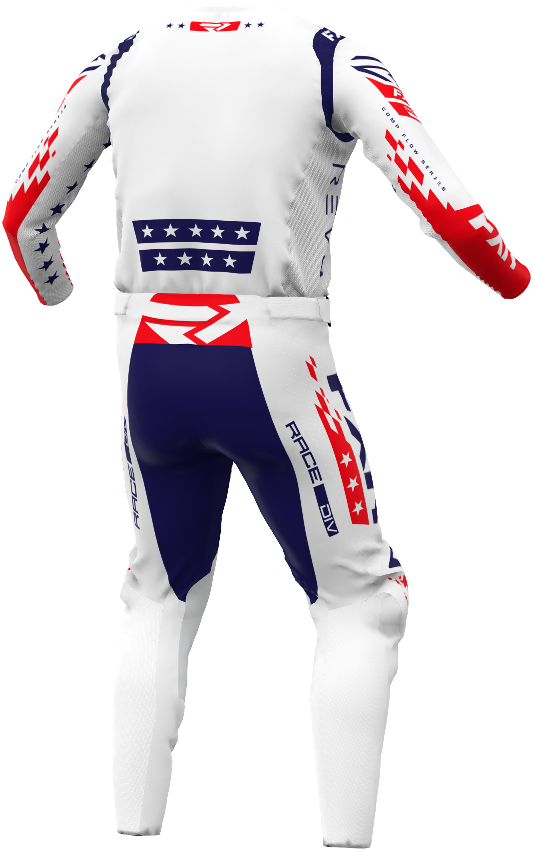 A 3D image of FXR's RevoFreedom MX Jersey and Pant in White/Red/Navy colorway