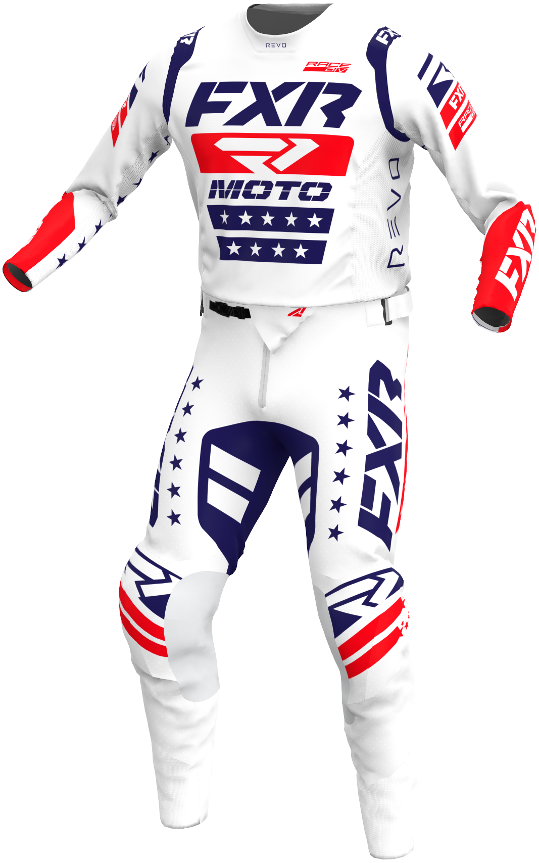 A 3D image of FXR's RevoFreedom MX Jersey and Pant in White/Red/Navy colorway