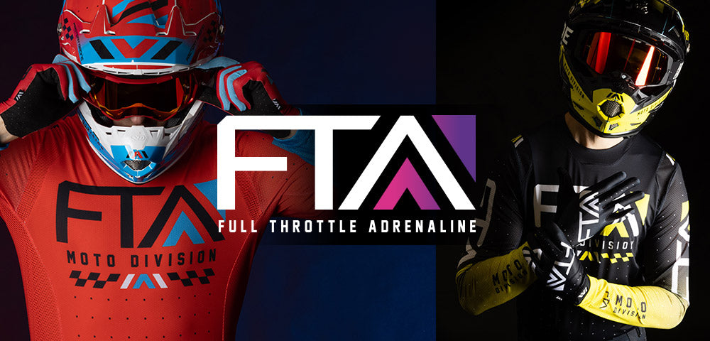An image displaying two riders feauturing FTA Moto Jerseys and Helmets