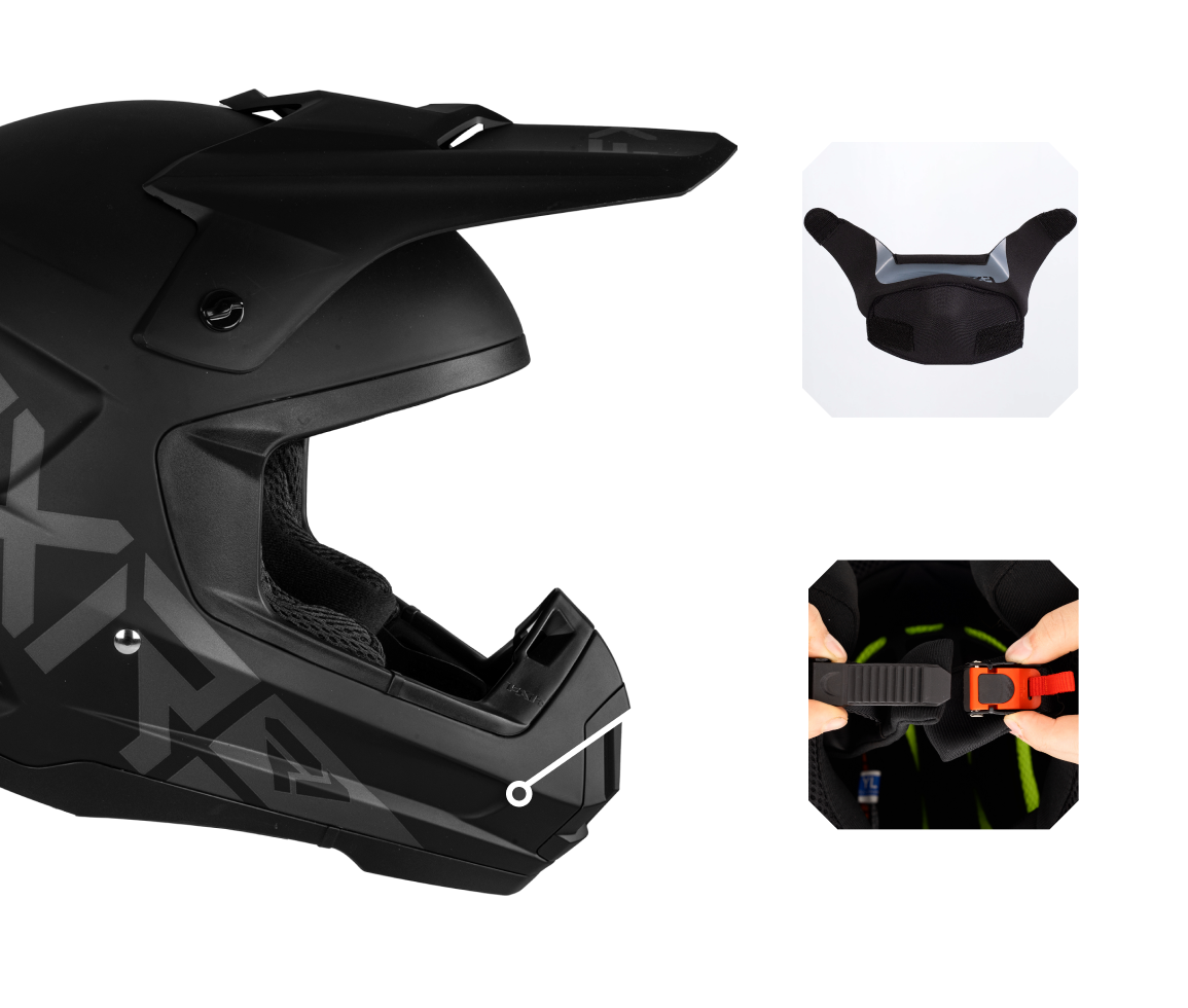 A right-side view image of Torque Prime helmet highlighting the integrated removable breath box and the quick release, easy adjust buckle
