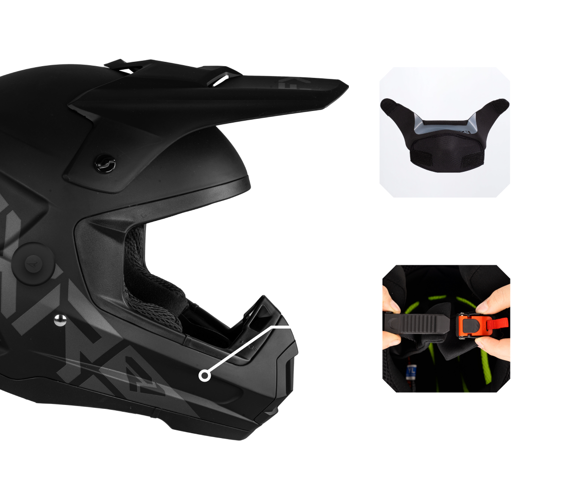 A right-side view image of Torque Cold Stop QRS helmet highlighting the integrated removable breath box and the quick release, easy adjust buckle