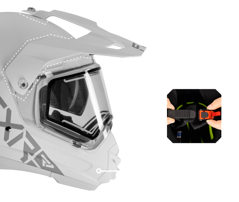 A right-side view image of Torque X Prime helmet highlighting the peak and quick-release, easy-adjust buckle